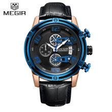 MEGIR 2078 Men's Genuine Leather Quartz Sports Watches Top Brand Luxury Military Stop Watch Waterproof Wrist Watch